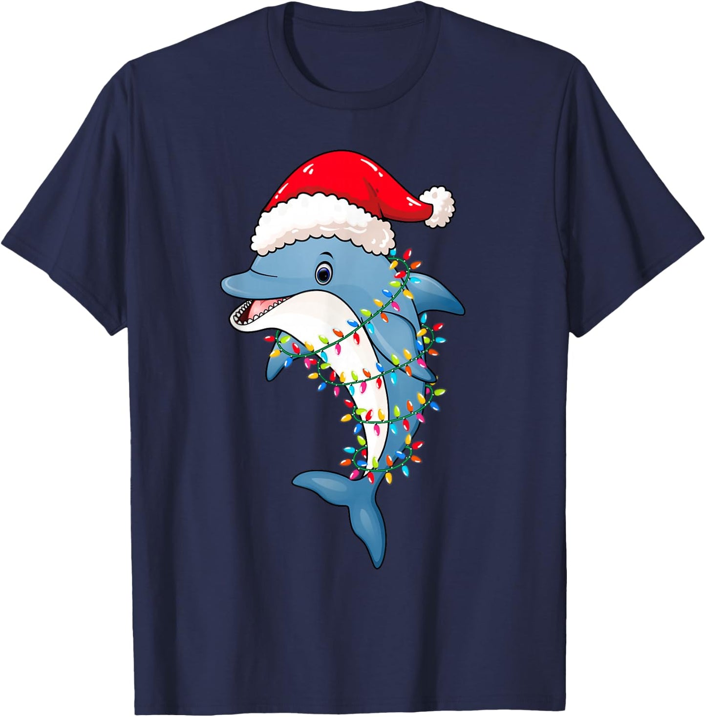 Christmas Lights Dolphin Wearing Xmas Hat - Dolphin Lover T-Shirt - T-Shirt | Navy