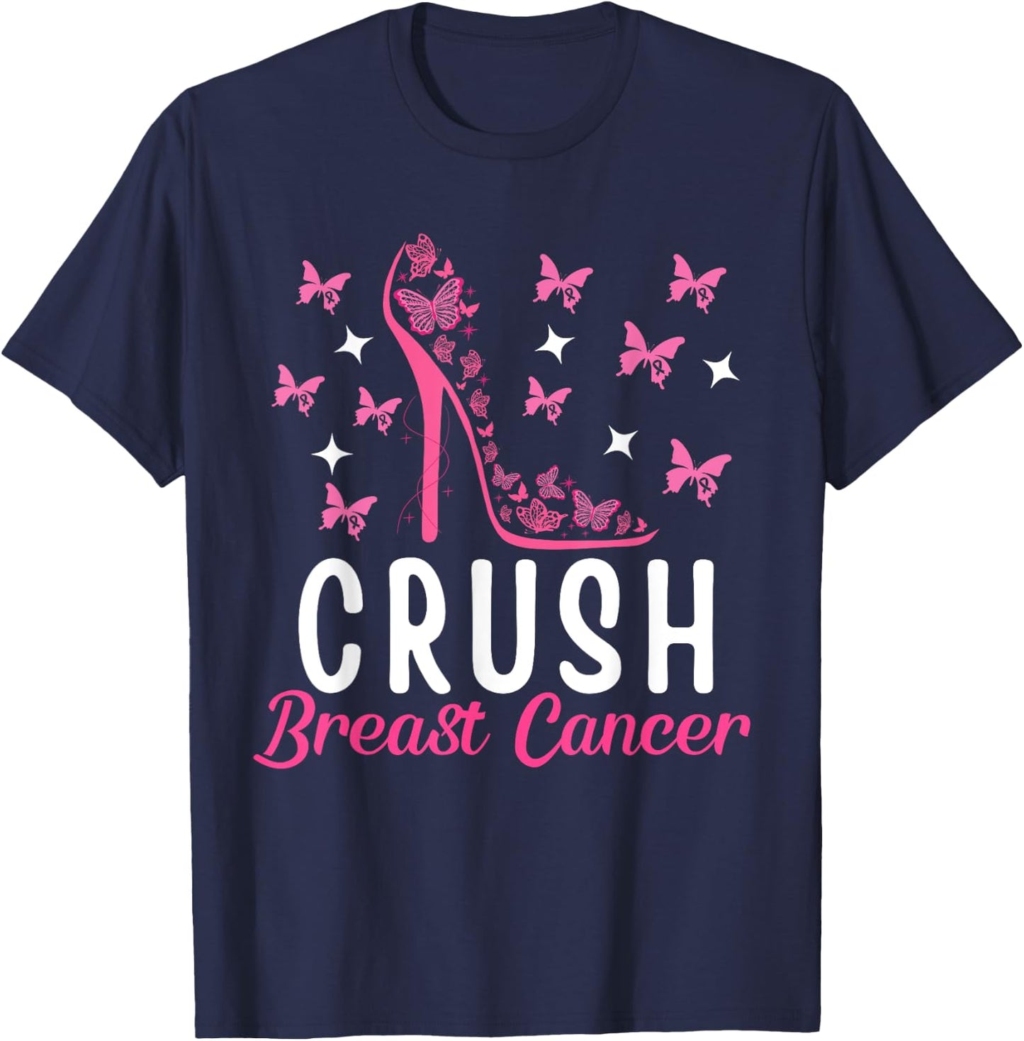 Crush Breast Cancer Awareness Pink Butterfly Strength T-Shirt - T-Shirt | Navy