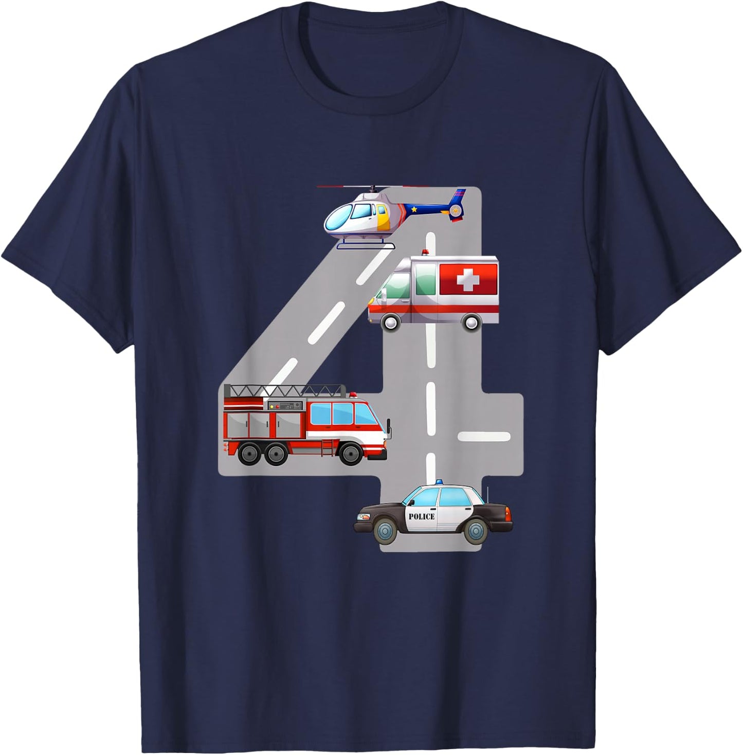 Emergency Vehicles 4th Birthday Fire Truck Police Car Boys T-Shirt - T-Shirt | Navy