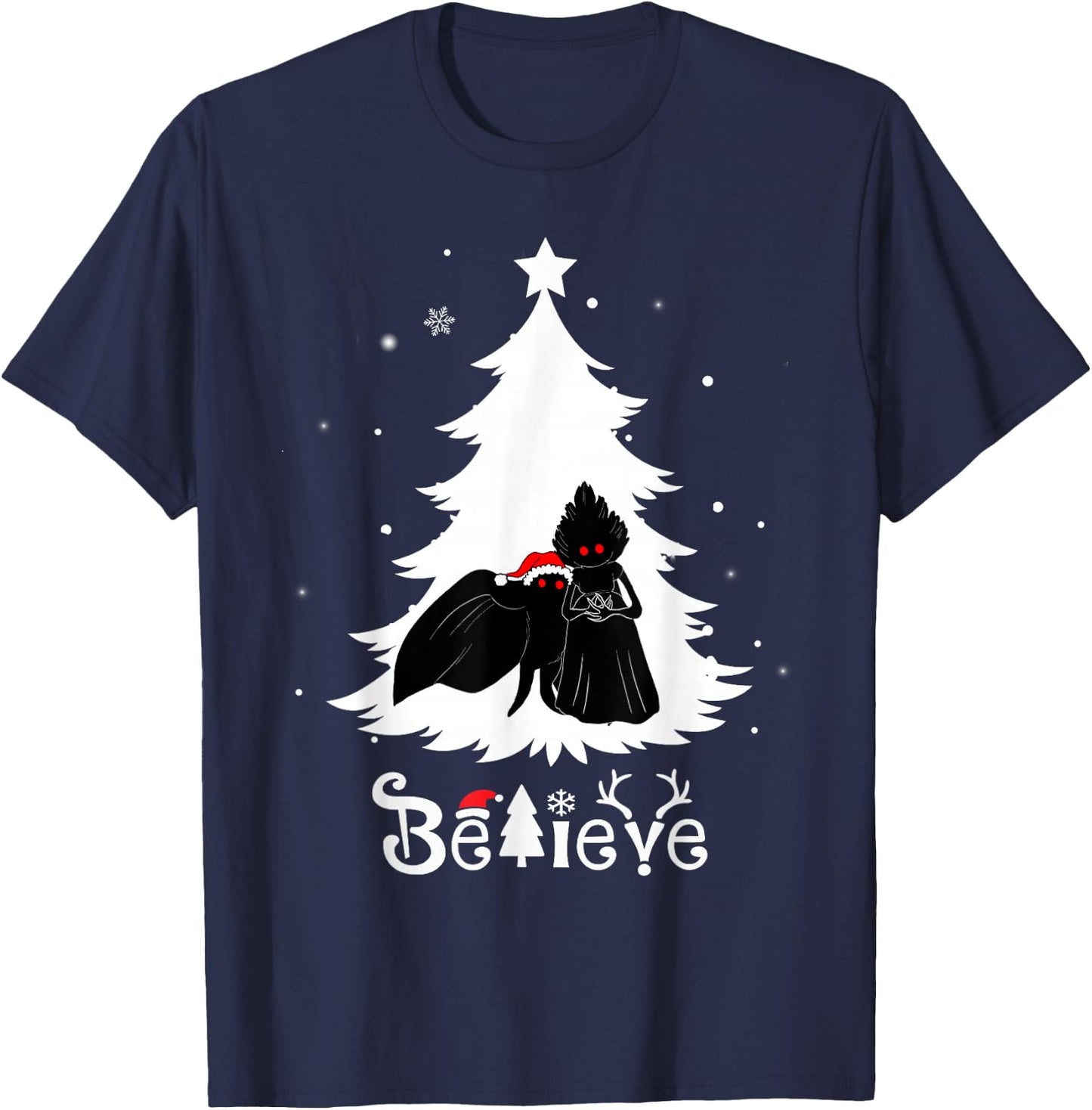 Believe Mothman And Flatwoods Monster Christmas Cryptid T-Shirt - T-Shirt | Navy