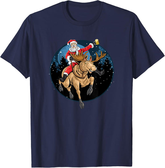 Santa Claus Drinking a Beer While Riding a Moose T-Shirt - T-Shirt | Navy