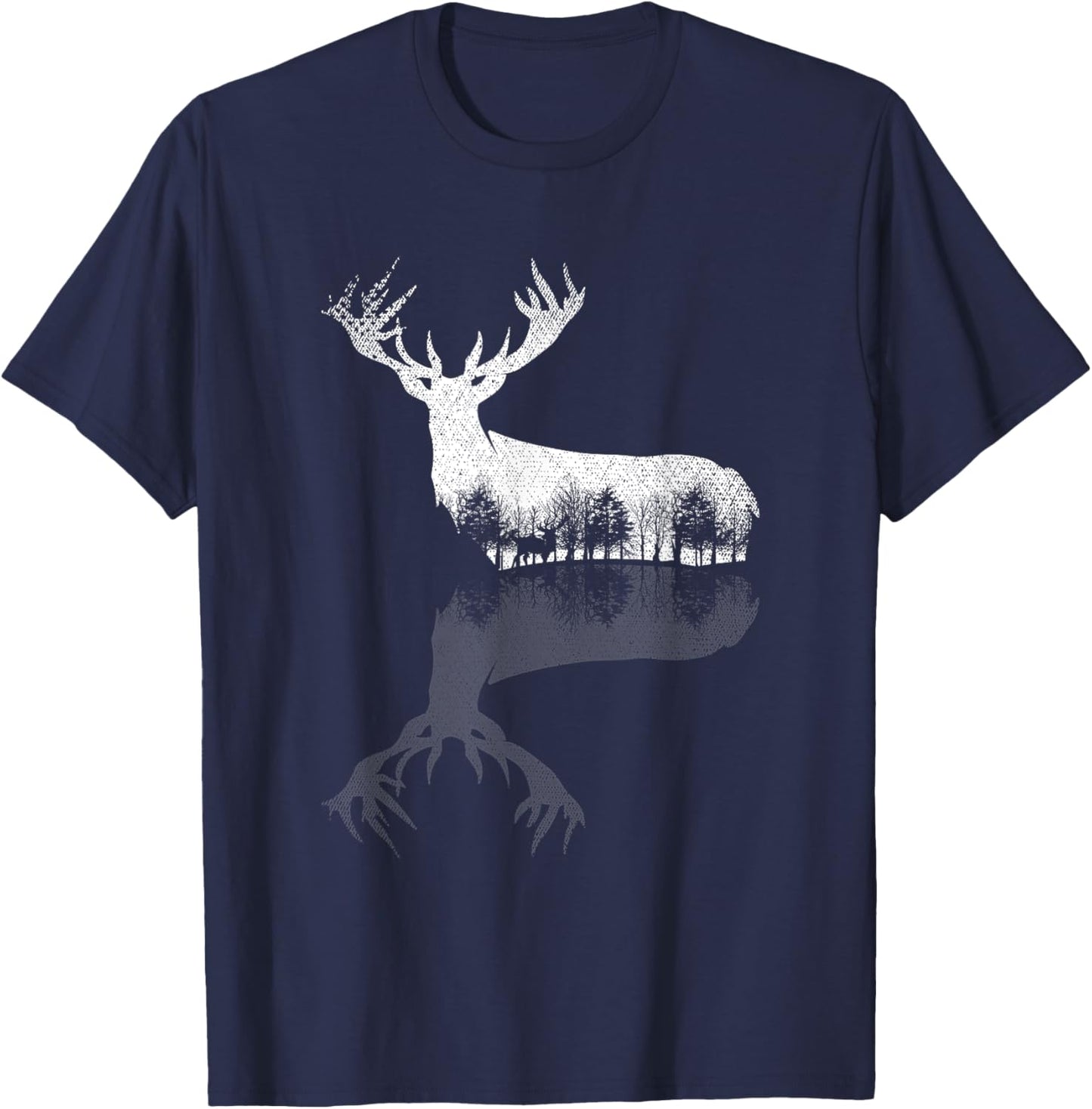 Animal Outdoor Trees Nature Forest Wildlife Reflection Deer T-Shirt - T-Shirt | Navy
