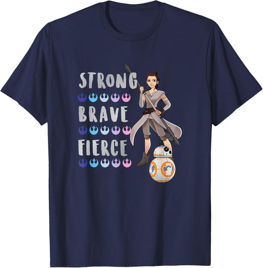 Star Wars Classic Strong Brave Fierce Rey & BB-8 Poster T-Shirt - T-Shirt | Navy