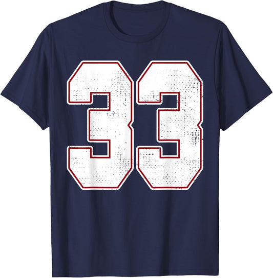 #33 Outline Number 33 Fan Varsity Sports Team Blue Jersey T-Shirt - T-Shirt | Navy