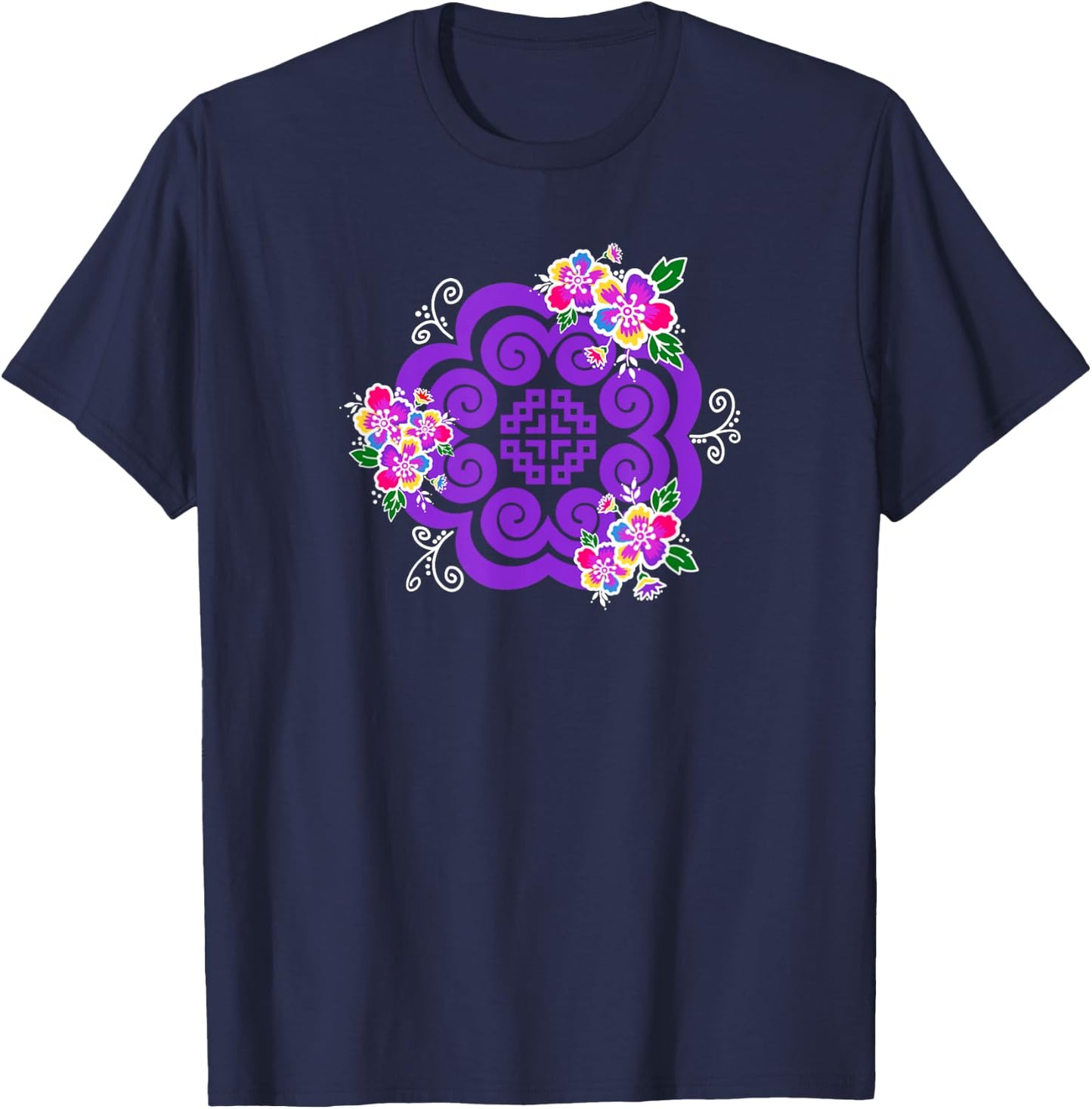 Hmong Purple elephant footprint with flowers T-Shirt - T-Shirt | Navy