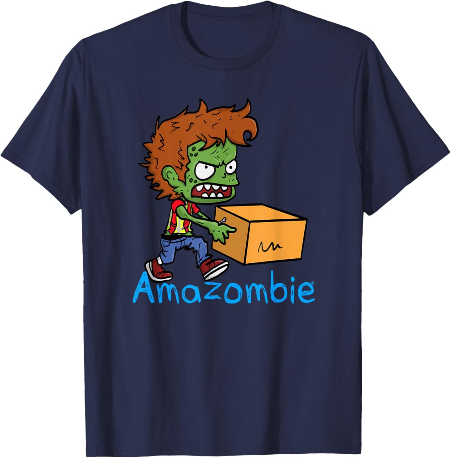 Associate Xave the Amazombie Worker Running With A Box T-Shirt - T-Shirt | Navy