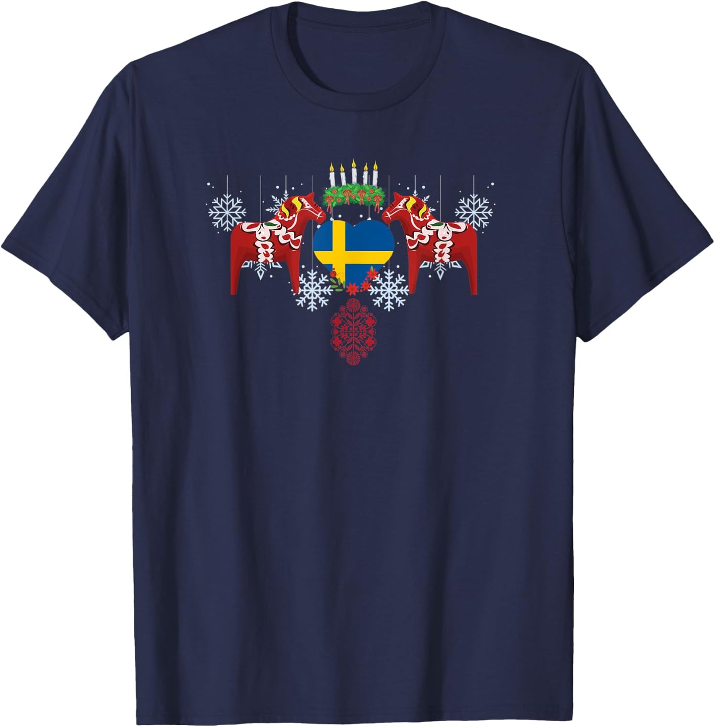 Sweden flag heart Swedish dala horses Christmas Santa Lucia T-Shirt - T-Shirt | Navy