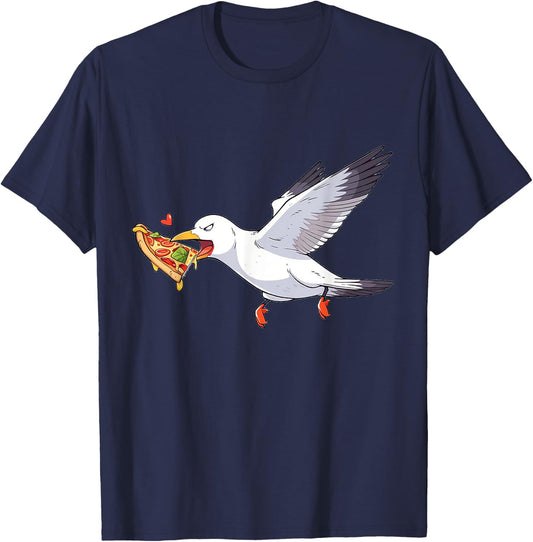 Cranky Seagull Funny Shirt Beach Birds Stealing Pizza Summer T-Shirt - T-Shirt | Navy
