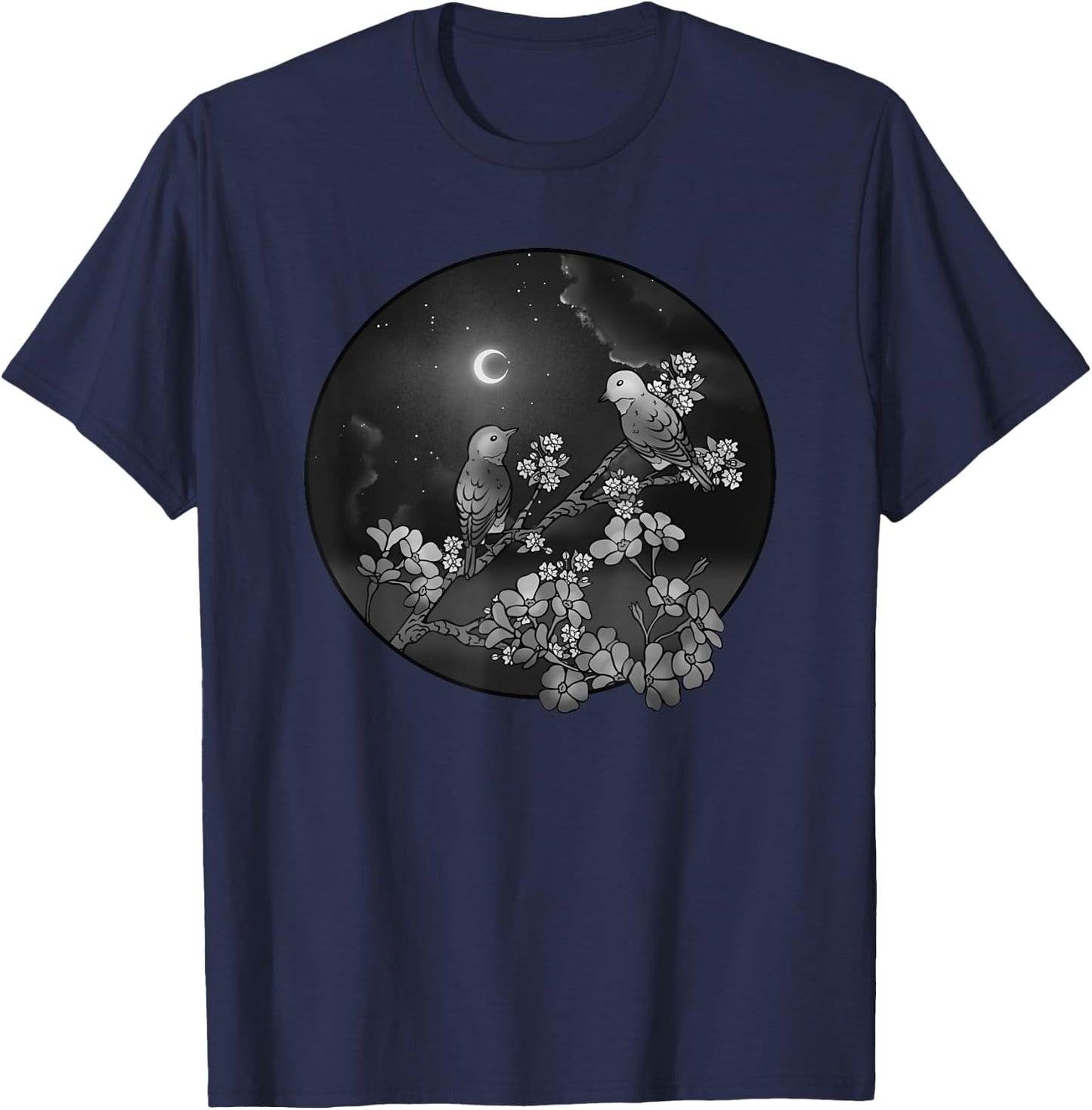Blossoms Birds on Flowering Tree Starry Sky Crescent Moon T-Shirt - T-Shirt | Navy