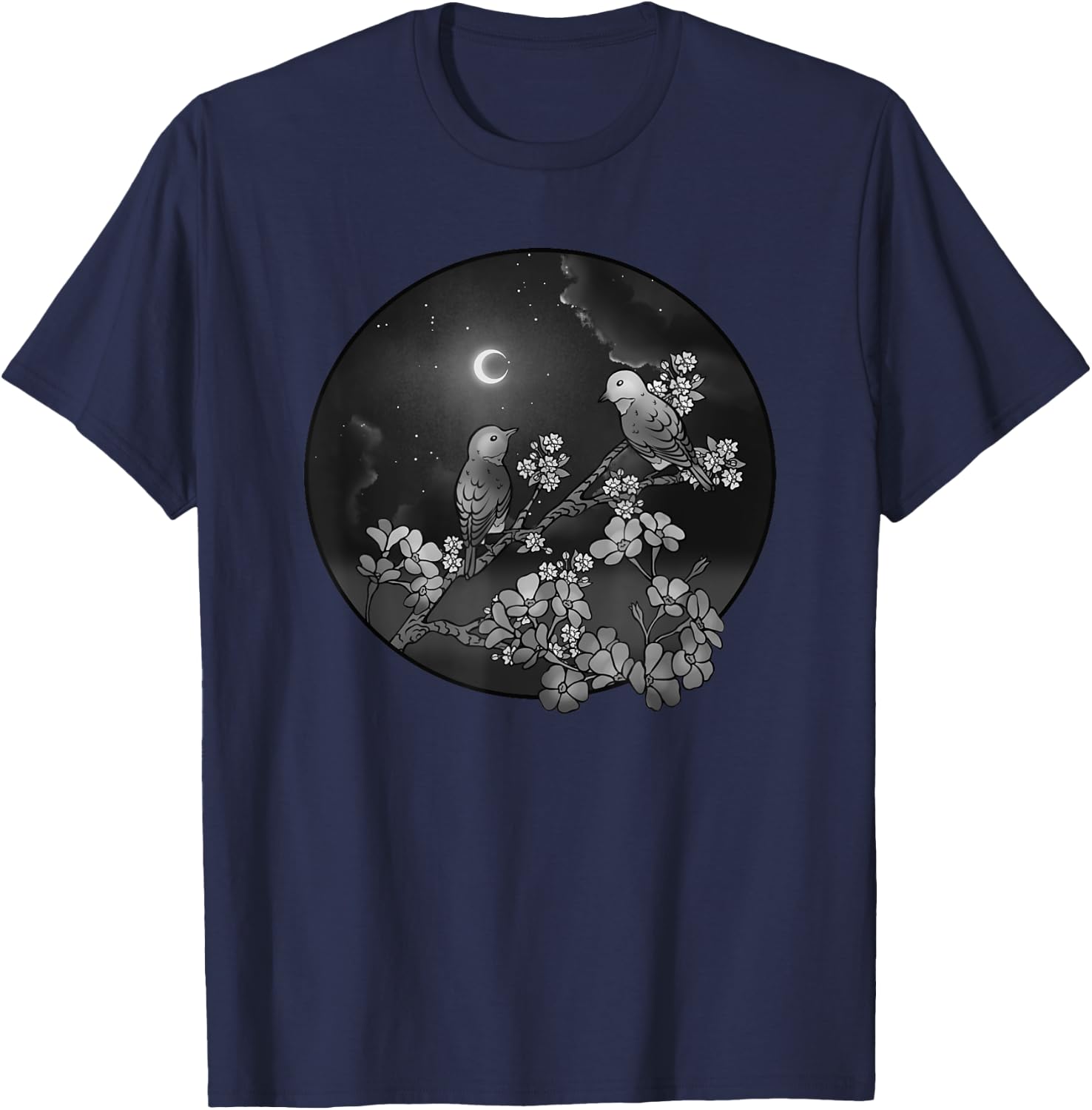 Blossoms Birds on Flowering Tree Starry Sky Crescent Moon T-Shirt - T-Shirt | Navy