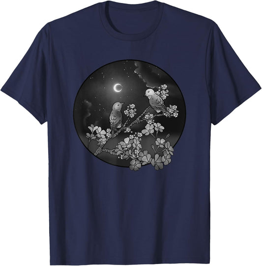 Blossoms Birds on Flowering Tree Starry Sky Crescent Moon T-Shirt - T-Shirt | Navy