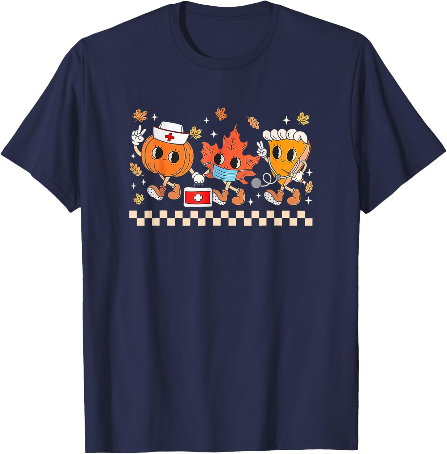 Retro Nurse Thanksgiving Pumpkin Pie Leaves Thankful Nurse T-Shirt - T-Shirt | Navy