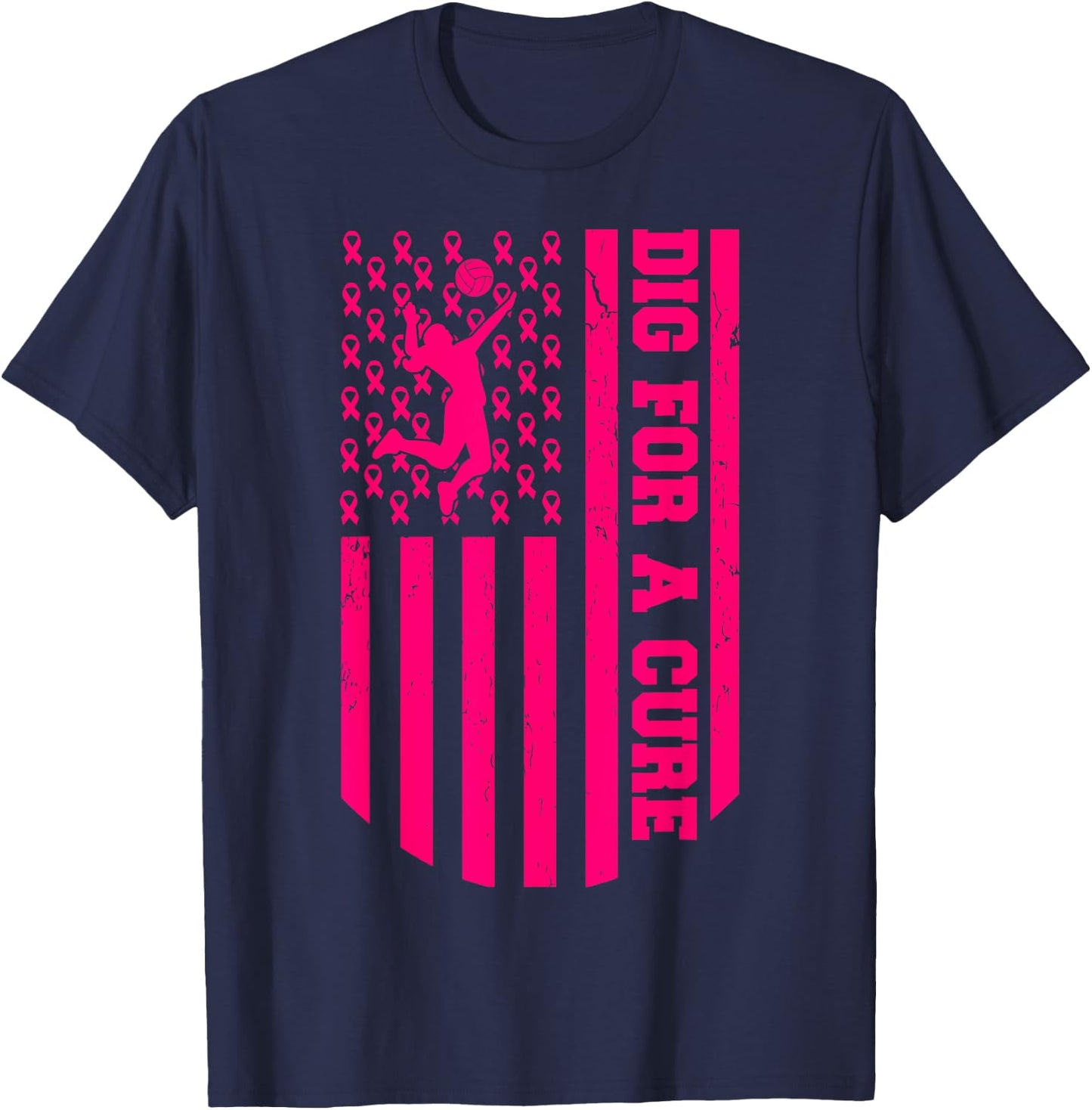 Dig For A Cure Breast Cancer Volleyball Pink American Flag T-Shirt - T-Shirt | Navy