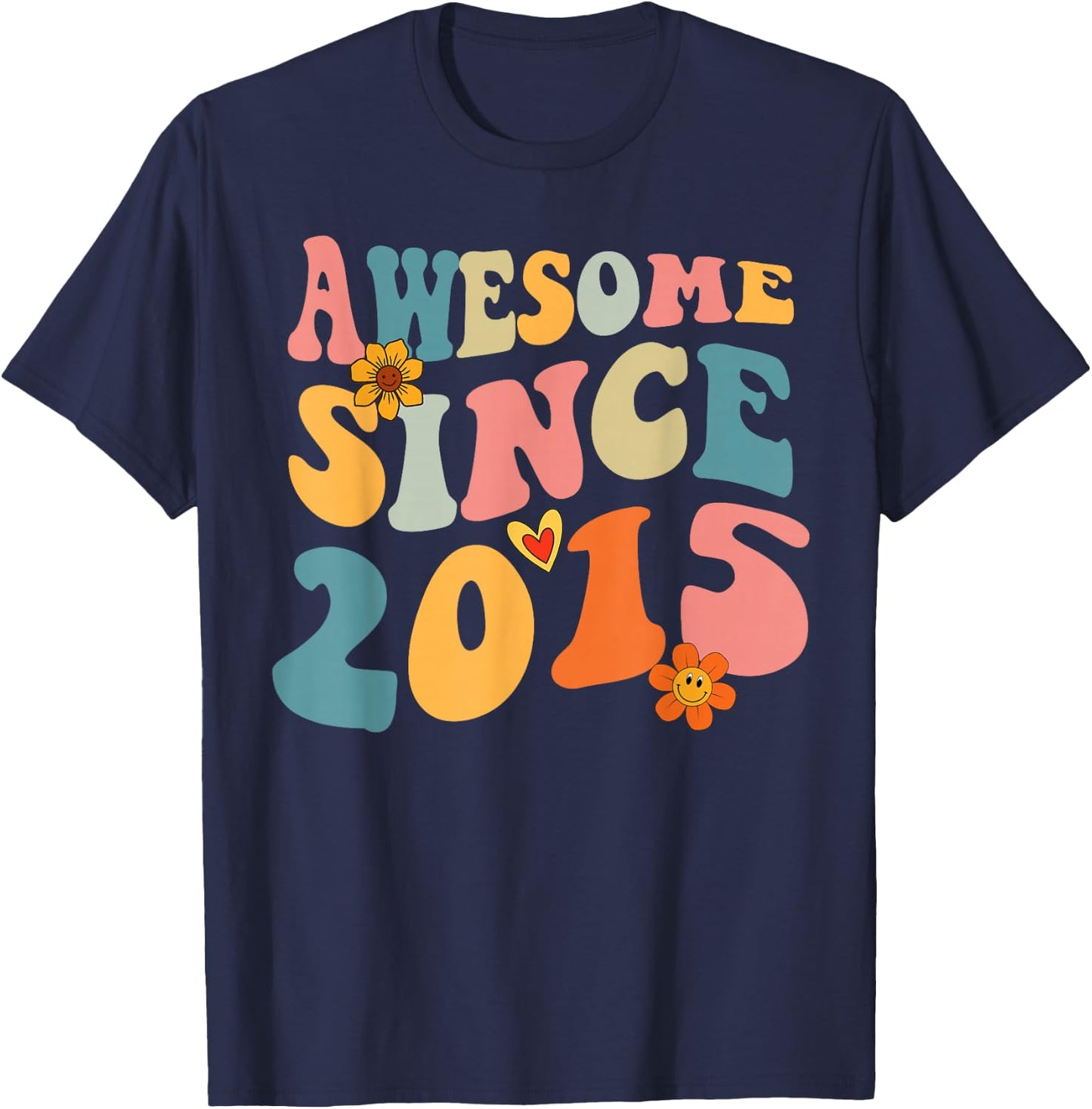 Awesome Since 2015 10 Years Old Retro Groovy 10th Birthday T-Shirt - T-Shirt | Navy