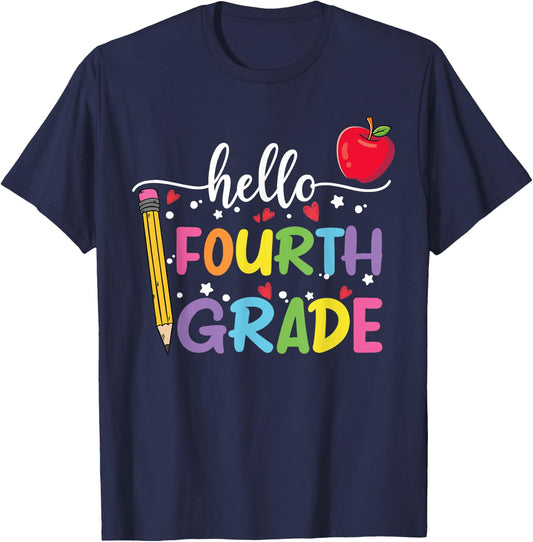 Hello Fourth Grade Team 4th Grade Back to School Teacher Kid T-Shirt - T-Shirt | Navy