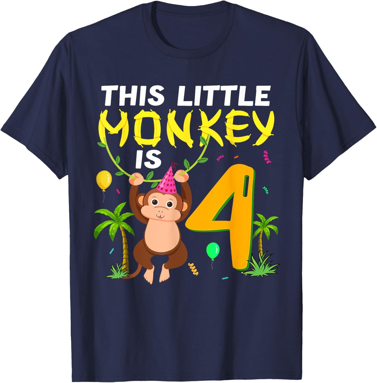 This Little Monkey Is 4 Jungle Safari Animal 4th Birthday T-Shirt - T-Shirt | Navy