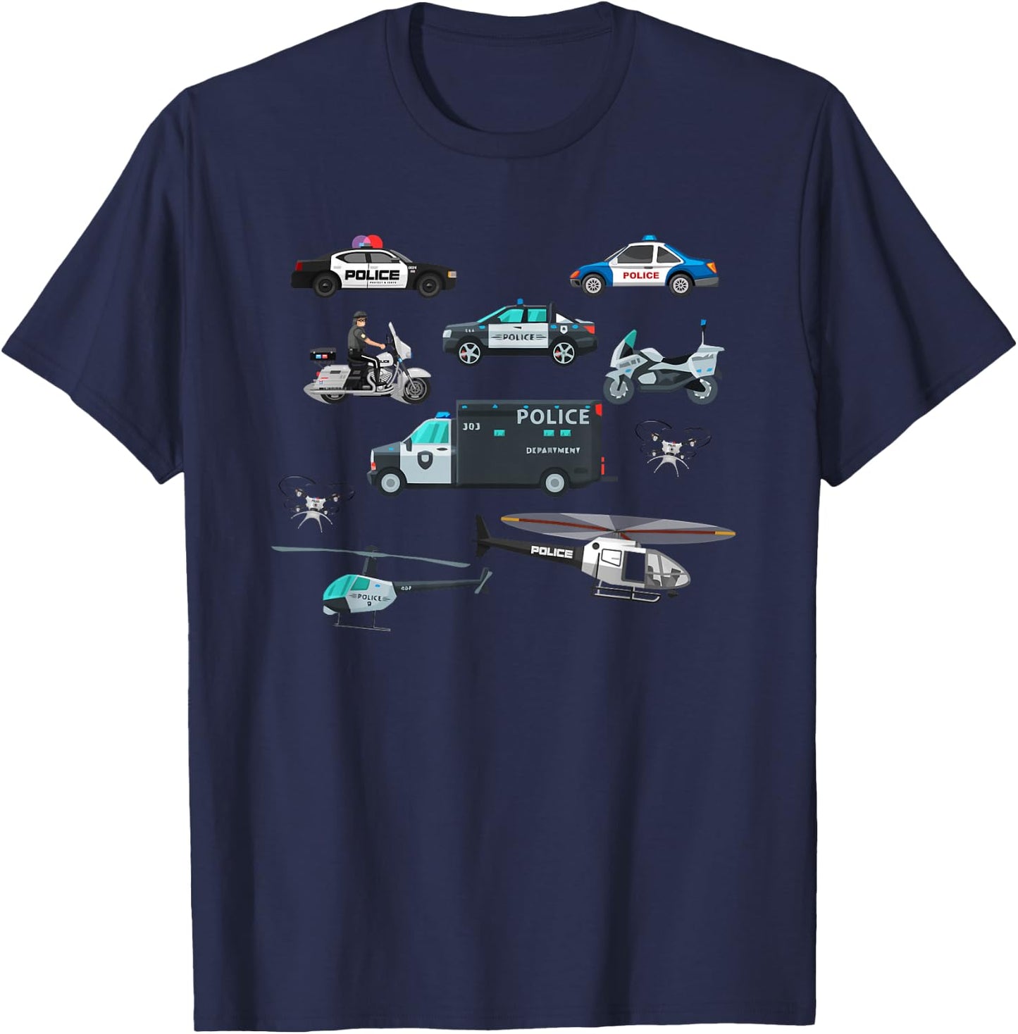 Police Vehicles Cop Cars Helicopter Toddlers Kids Women Men T-Shirt - T-Shirt | Navy