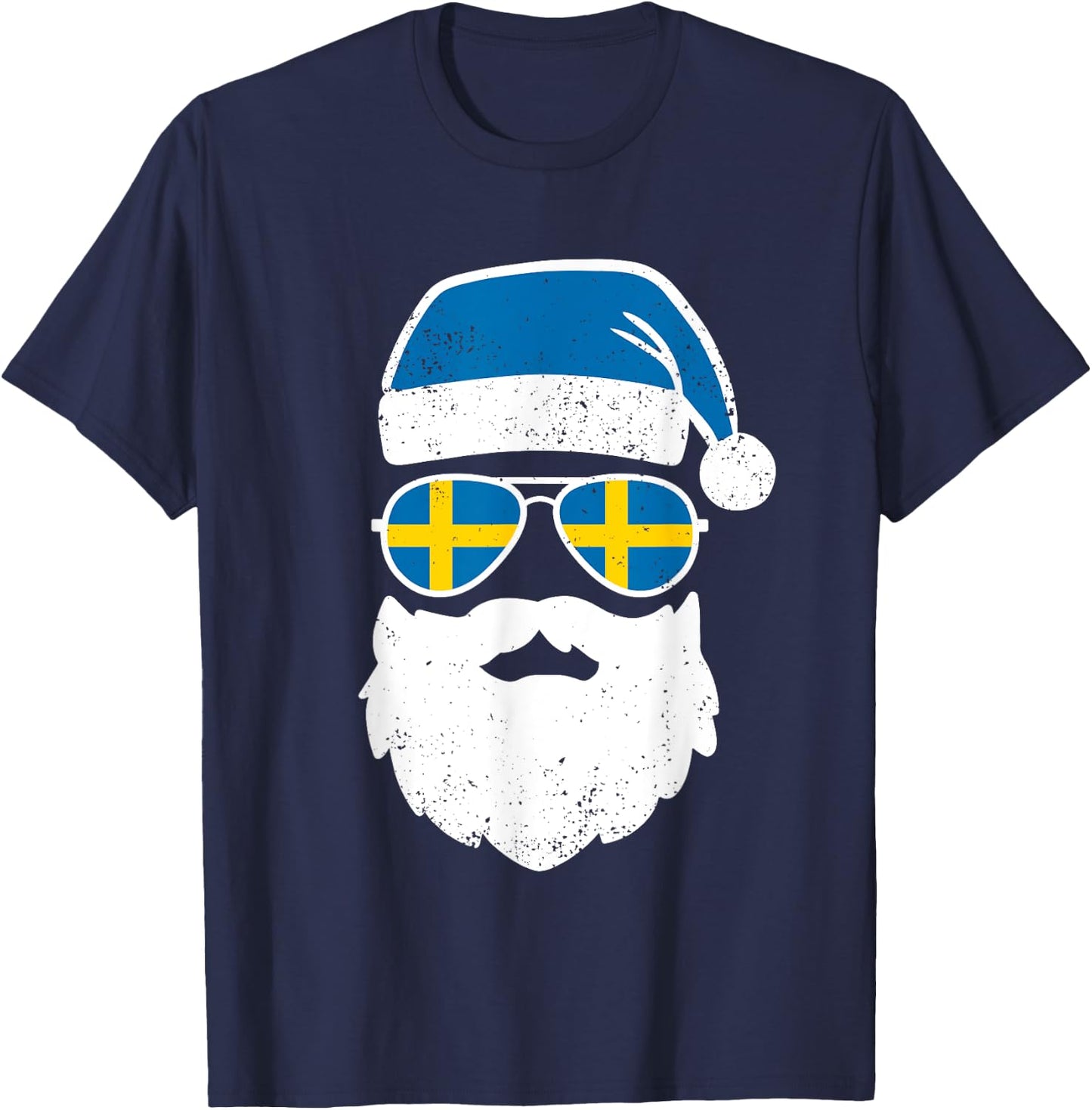 Funny Santa Claus Face Sunglasses Sweden Flag Swedish T-Shirt - T-Shirt | Navy