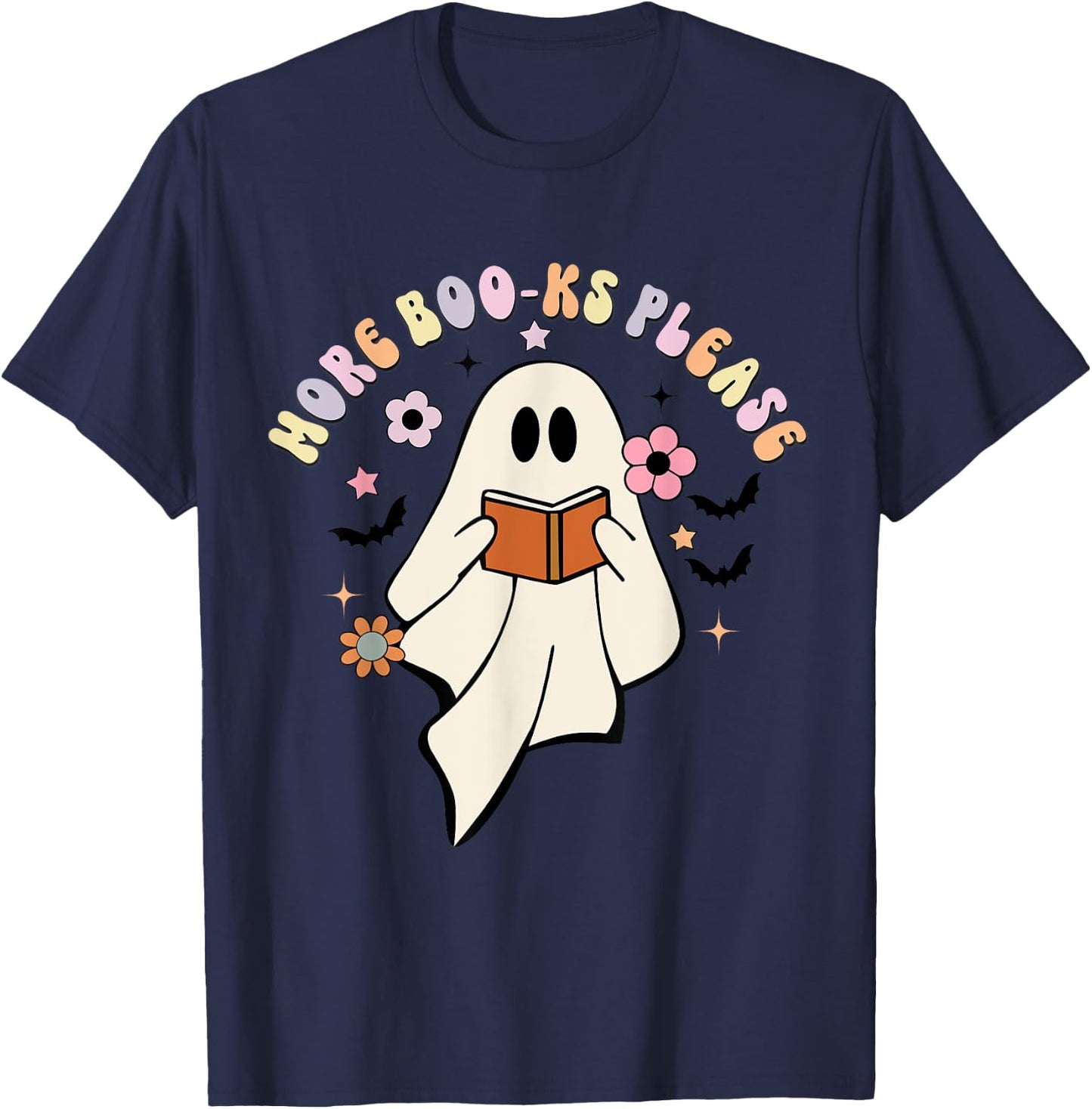 More Boo-ks Please, Retro Cute Ghost Book Reading Halloween T-Shirt - T-Shirt | Navy