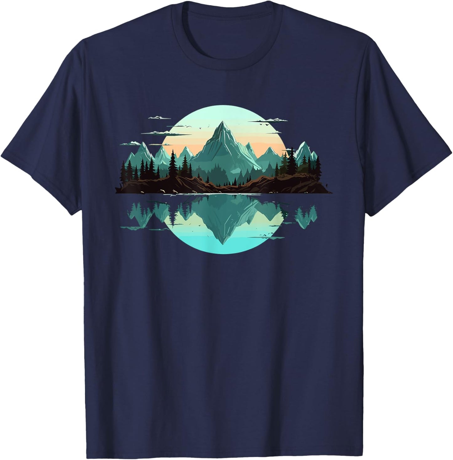 Mountain Landscape Reflection Forest Trees Outdoor Wildlife T-Shirt - T-Shirt | Navy