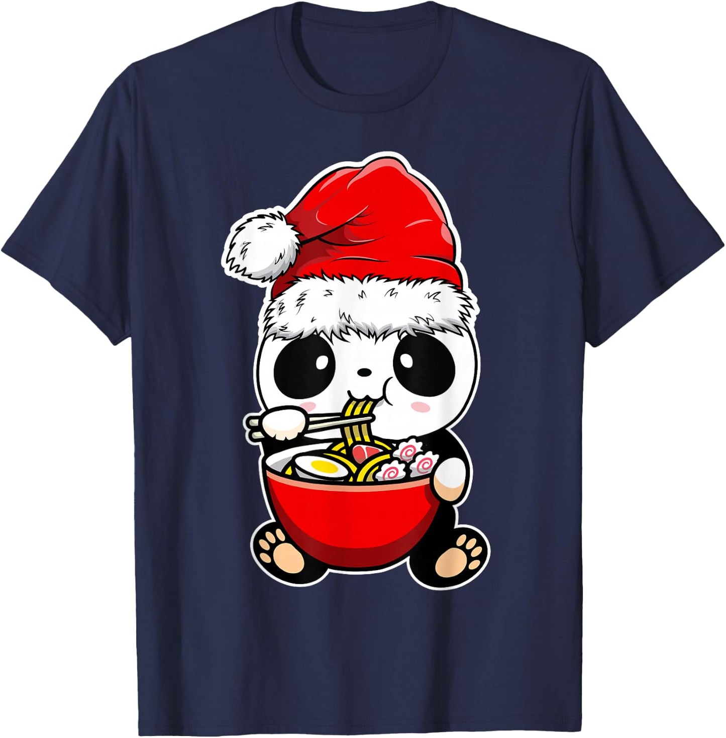Panda Wearing Santa hat Xmas - Panda Eating Ramen Christmas T-Shirt - T-Shirt | Navy