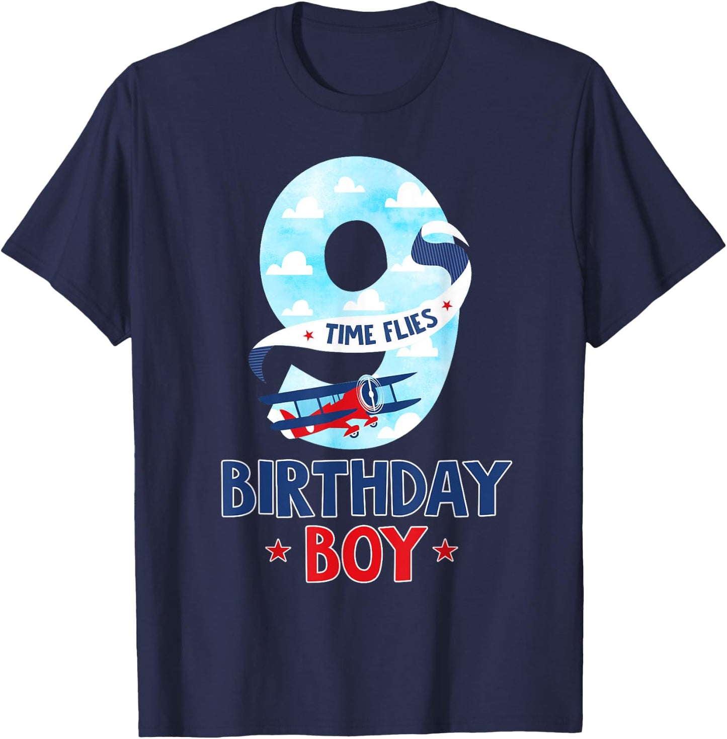 9 Year Old Birthday Outfit Boy Airplane Pilot 9th Bday T-Shirt - T-Shirt | Navy