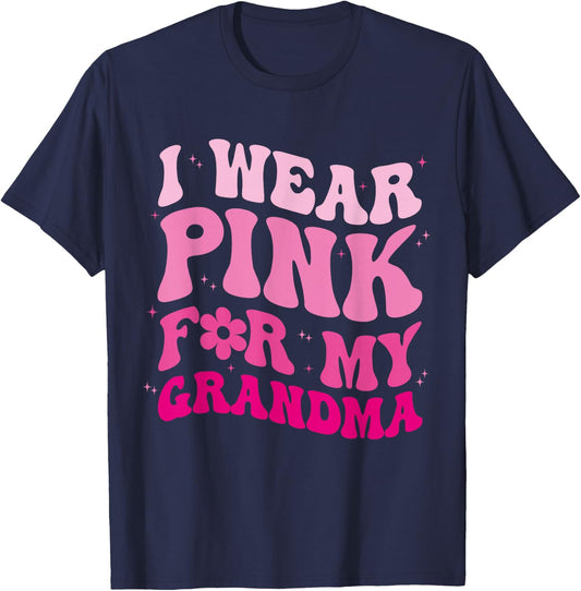 I Wear Pink for my Grandma Groovy Breast Cancer Women Kid T-Shirt - T-Shirt | Navy