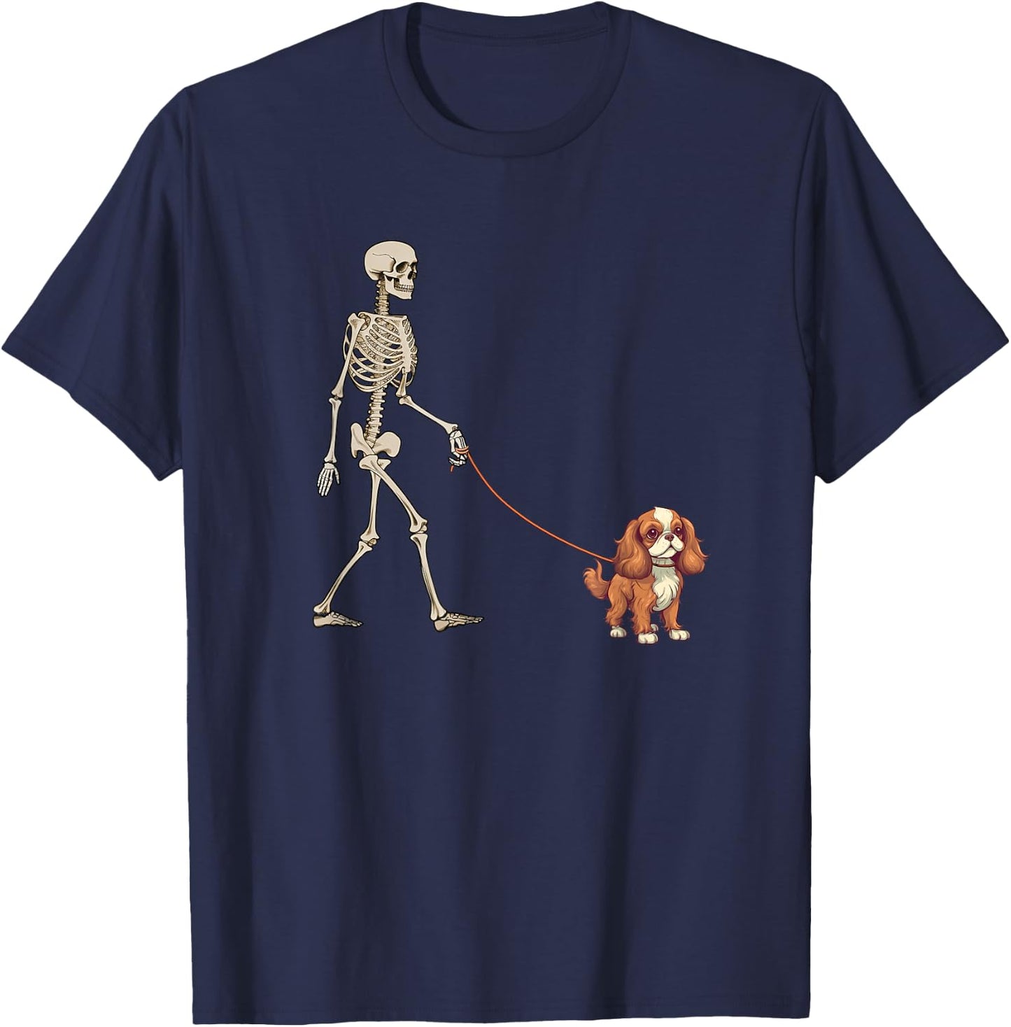 Funny Cavalier King Charles Spaniel Skeleton Dog Walking T-Shirt - T-Shirt | Navy