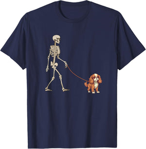Funny Cavalier King Charles Spaniel Skeleton Dog Walking T-Shirt - T-Shirt | Navy