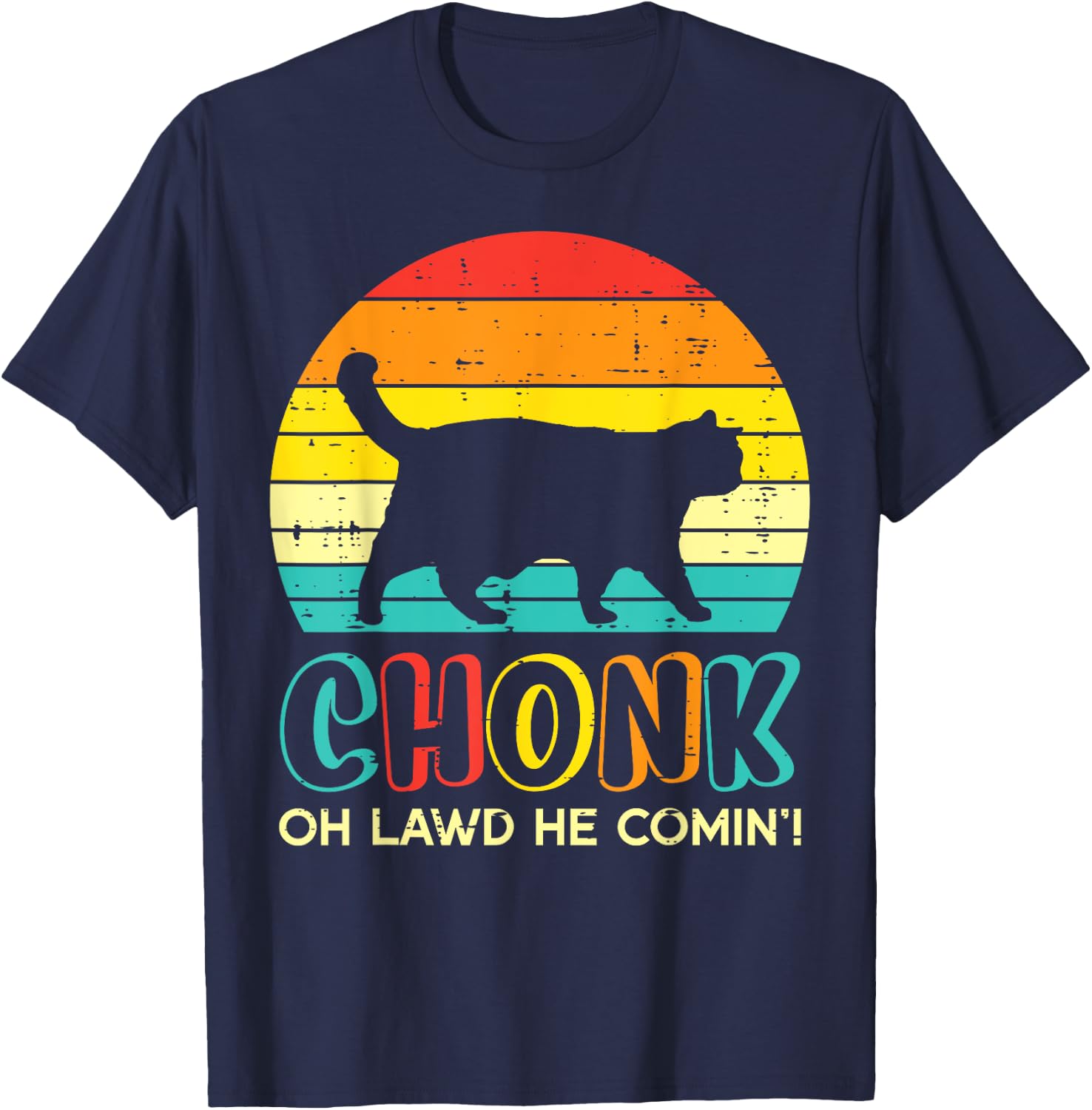 Chonk Fat Cat Meme Sunset Funny Black Kitten Men Women Kids T-Shirt - T-Shirt | Navy