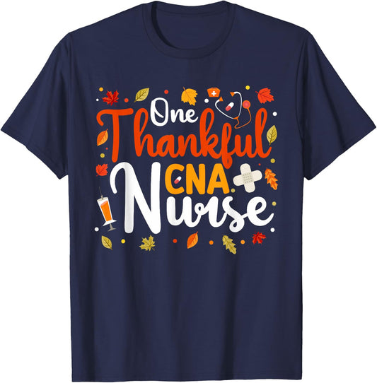 One Thankful CNA Nurse Thanksgiving Scrub Top Fall Women Men T-Shirt - T-Shirt | Navy