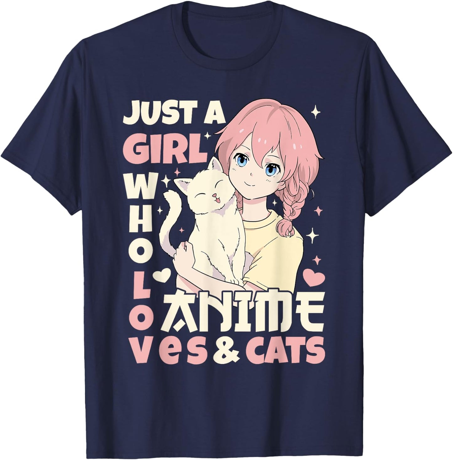 Just A Girl Who Loves Anime & Cats Teen Anime Girl Cat Lover T-Shirt - T-Shirt | Navy