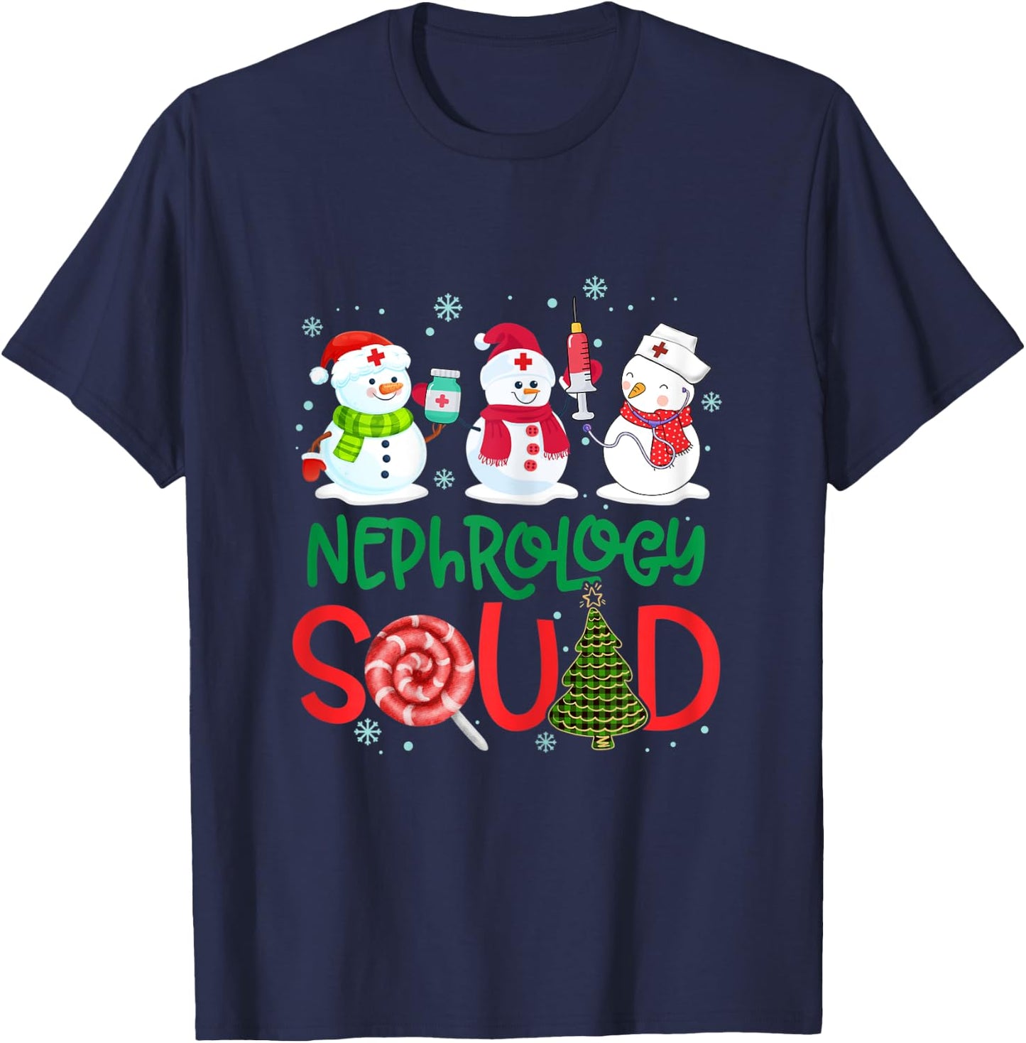 Nephrology Squad Snowmies Nurse Stethoscope Christmas Pine T-Shirt - T-Shirt | Navy