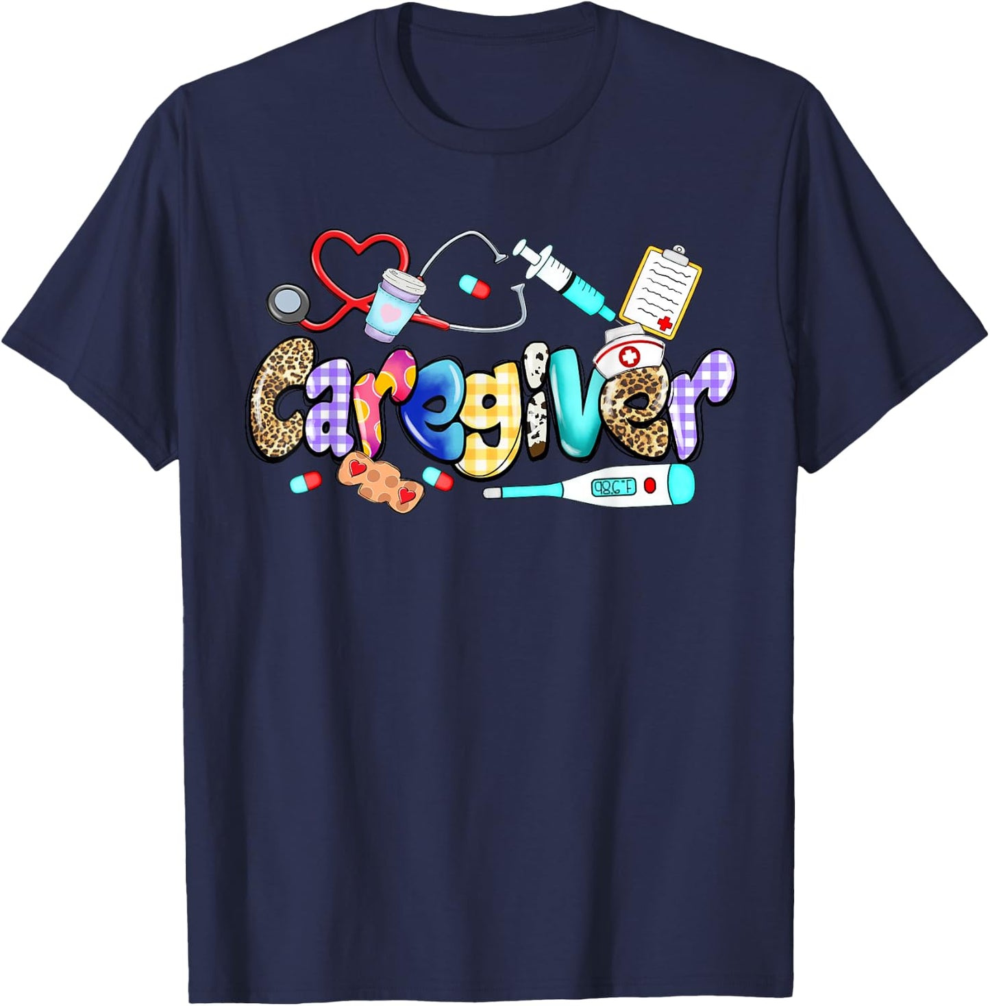 Caregiver Stethoscope Leopard Funny Caregiver Life Gifts T-Shirt - T-Shirt | Navy