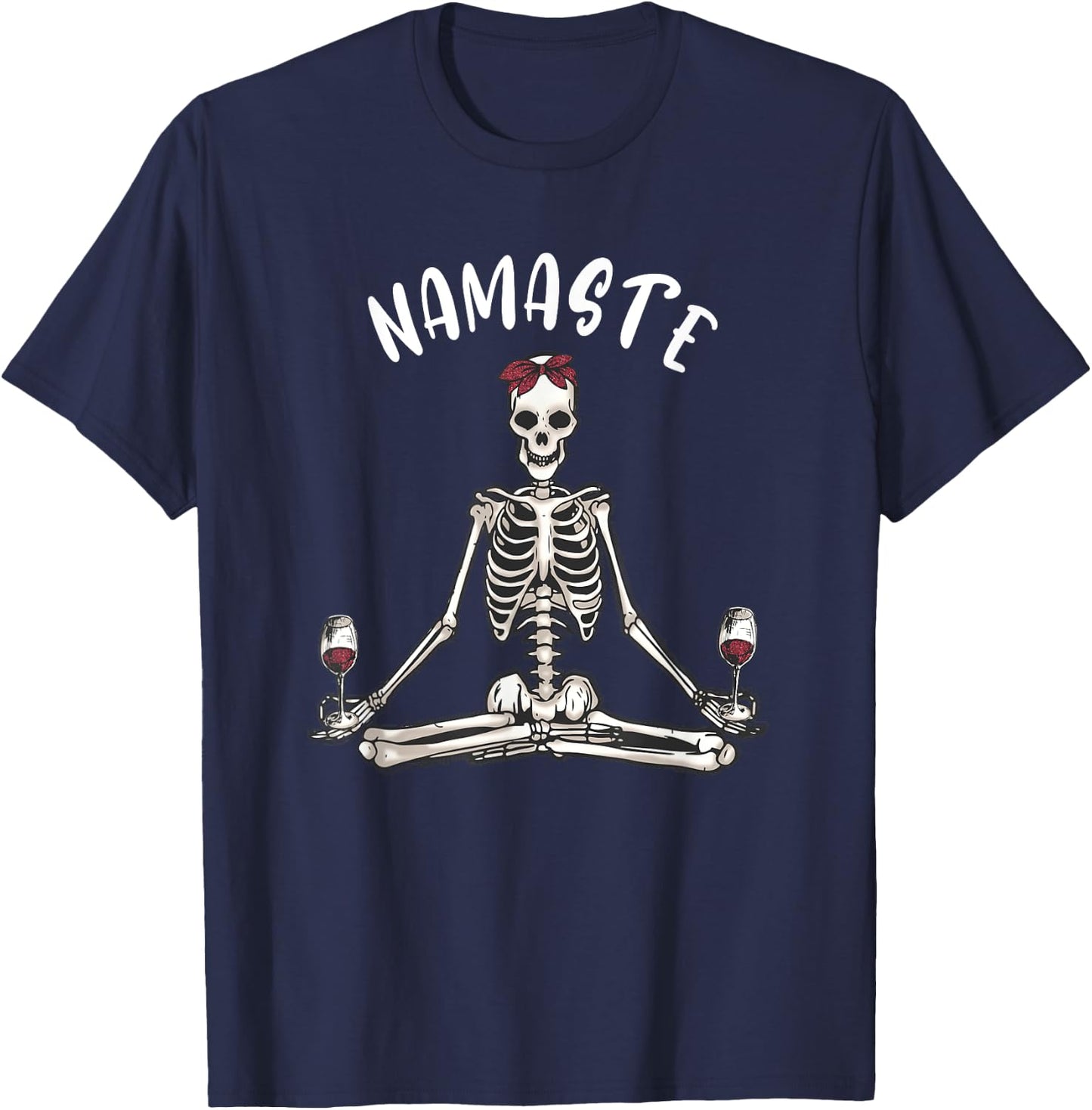 Namaste Yoga Skeleton with Wine funny women's yoga T-Shirt - T-Shirt | Navy