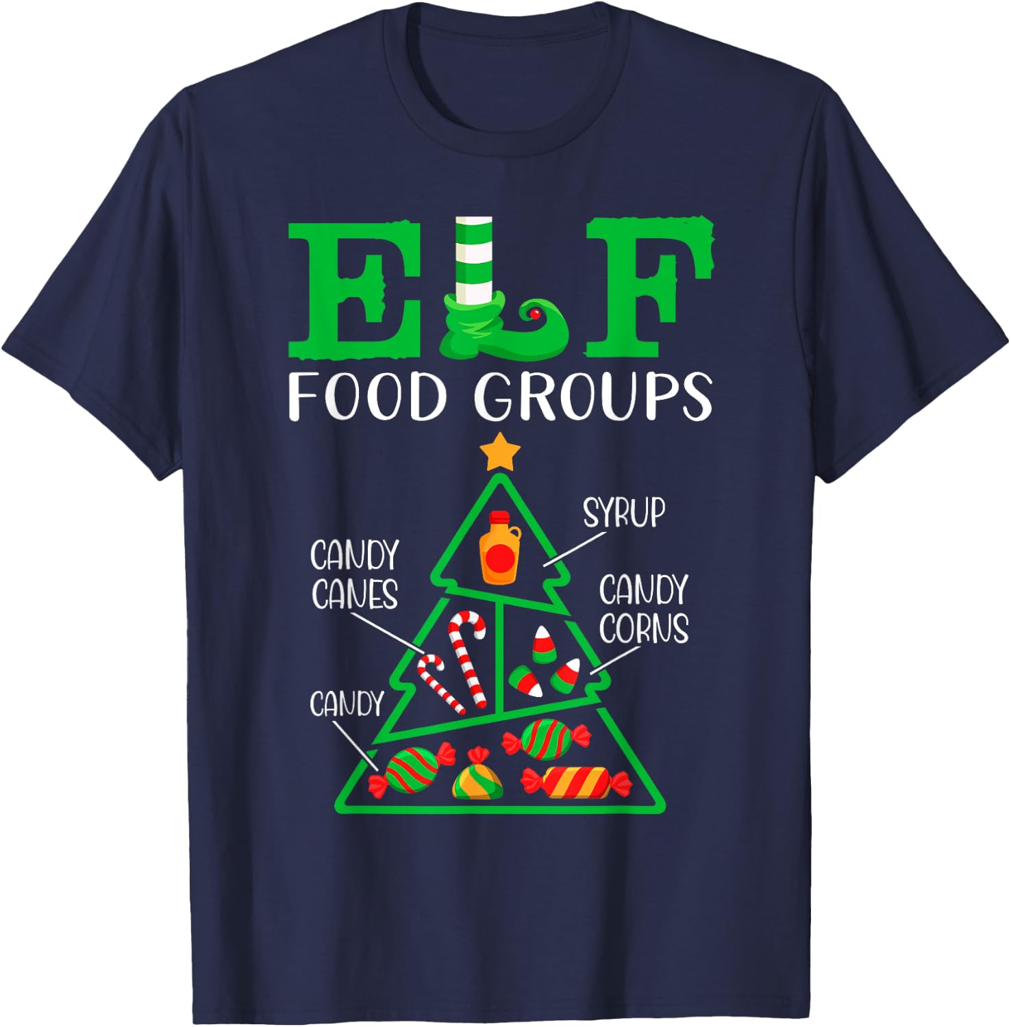 Candy - Candy Canes - Candy Corns - Syrup - ELF Food Groups T-Shirt - T-Shirt | Navy