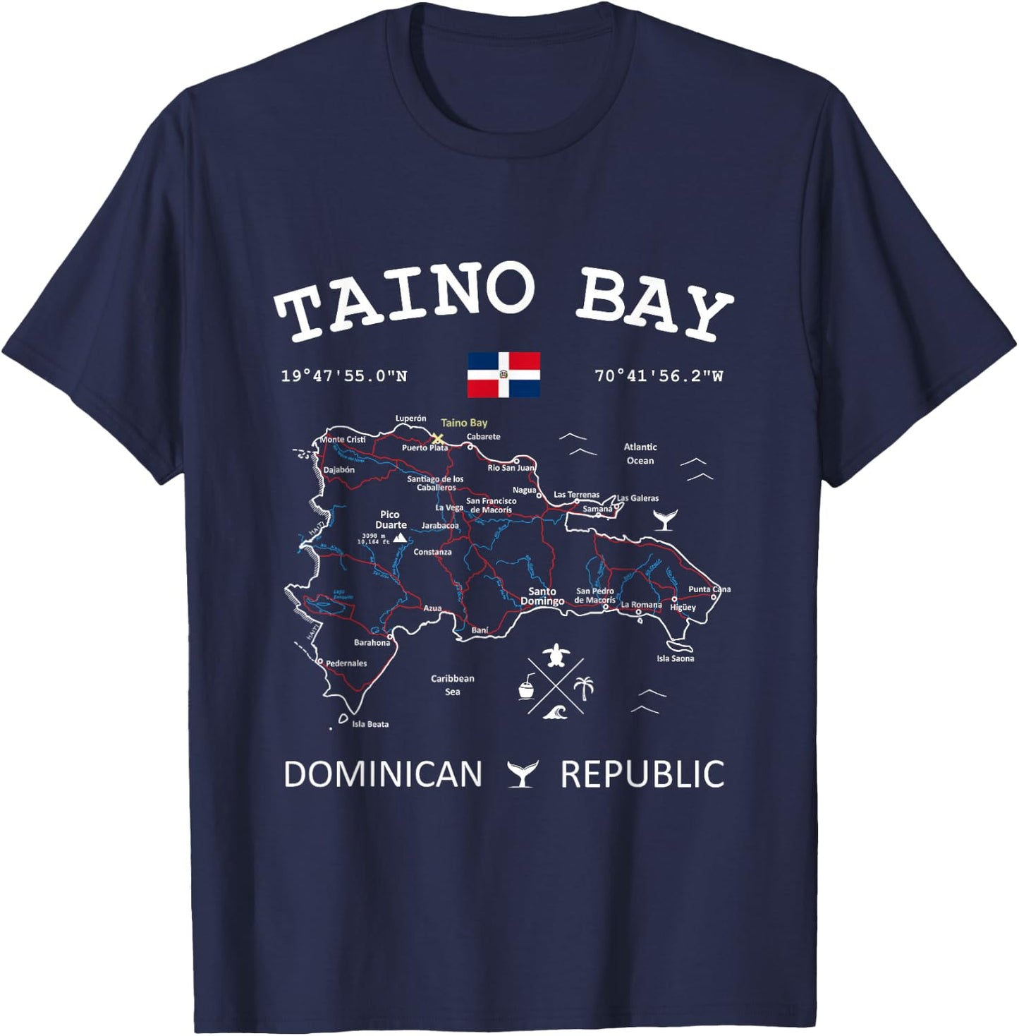 Taino Bay Dominican Republic Flag Travel Map Coordinates T-Shirt - T-Shirt | Navy