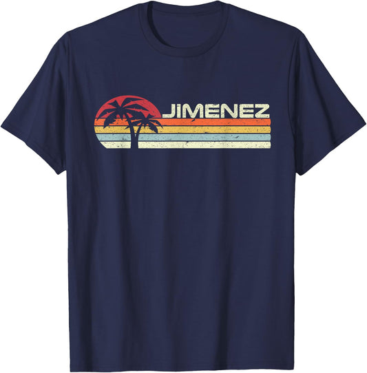 Jimenez Surname 80s 90s Vintage Sunset with Palm Trees T-Shirt - T-Shirt | Navy
