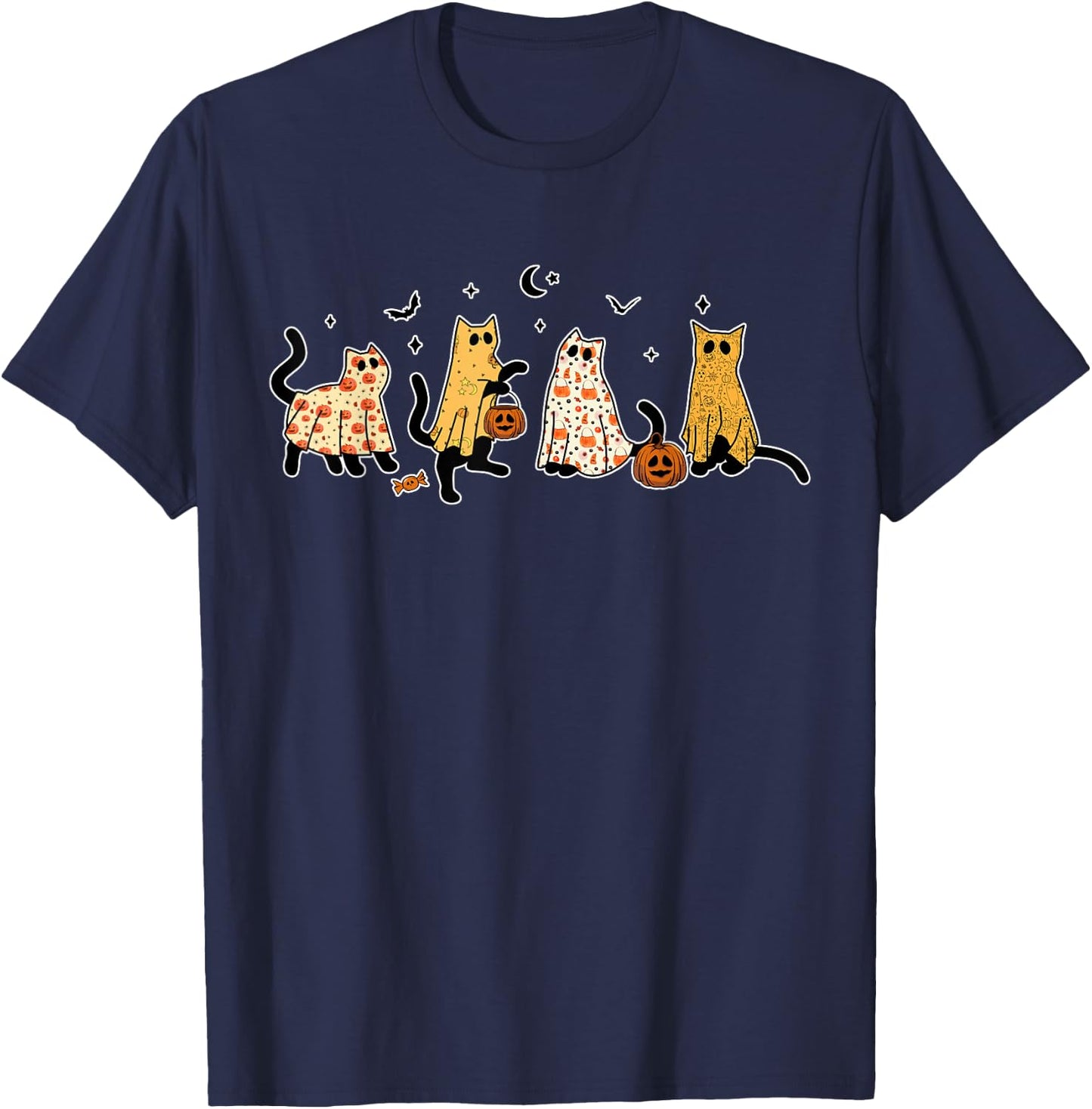 Cute Black Cats in Ghost Costume Women and Men Halloween T-Shirt - T-Shirt | Navy