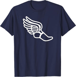 Track and Field or Long-Distance Runner White Winged Shoe T-Shirt - T-Shirt | Navy
