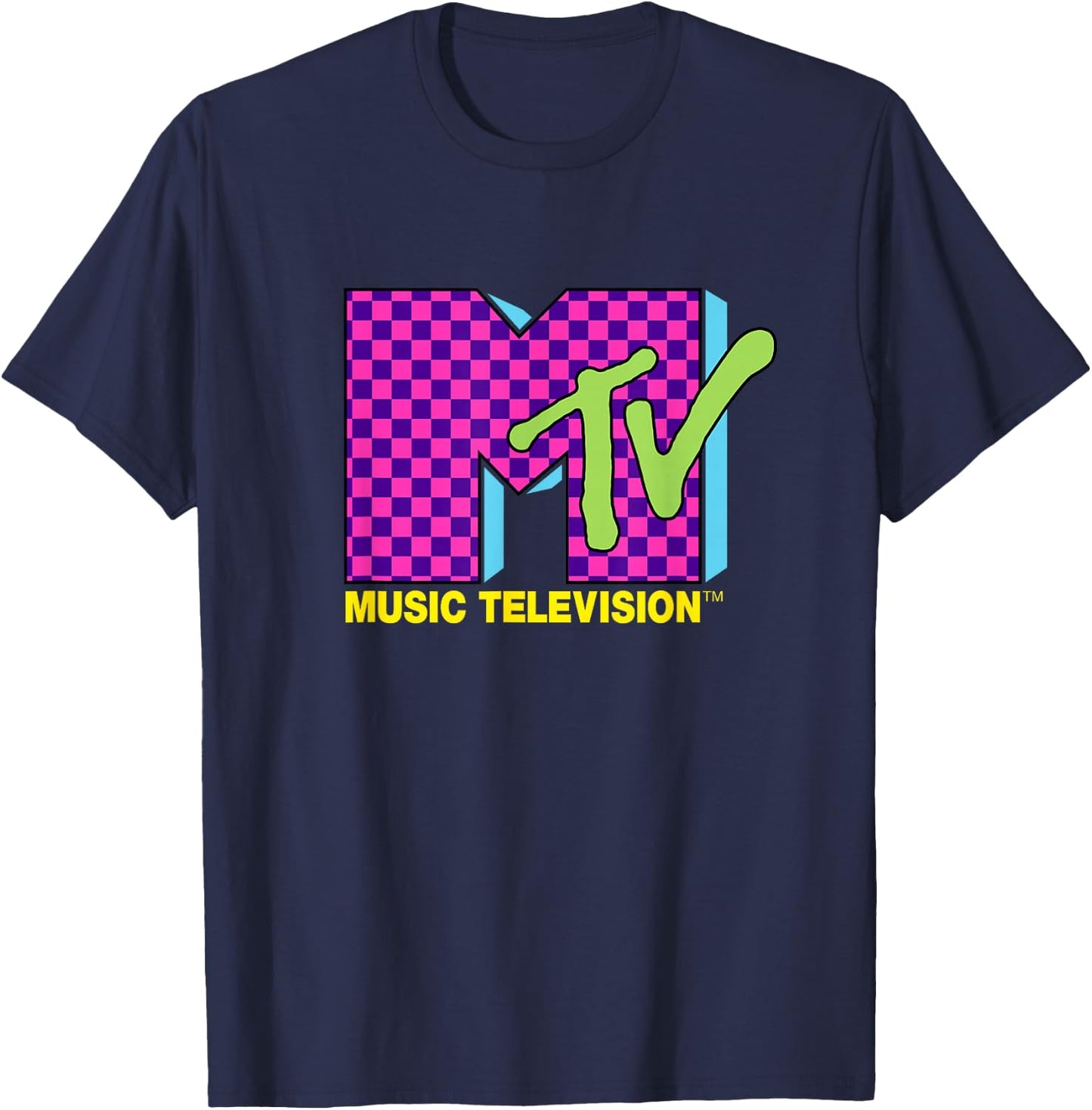 MTV Music Television Retro 80's Neon Pink Checkerboard Logo T-Shirt - T-Shirt | Navy