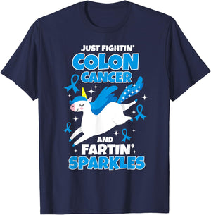 Just Fightin' Colon Cancer Fartin' Sparkles Fighter Unicorn T-Shirt - T-Shirt | Navy
