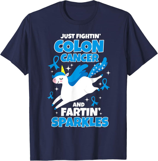Just Fightin' Colon Cancer Fartin' Sparkles Fighter Unicorn T-Shirt - T-Shirt | Navy