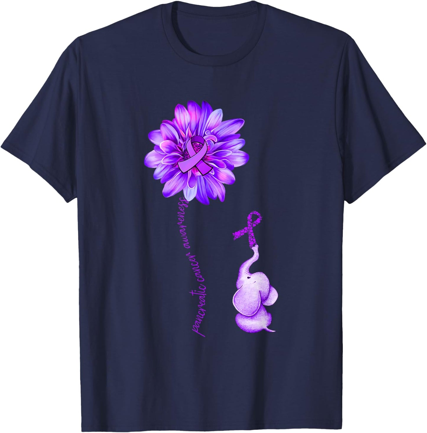 Elephant Sunflower Purple Ribbon Pancreatic Cancer Awareness T-Shirt - T-Shirt | Navy