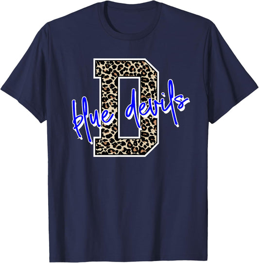 Blue Devil Leopard Print Letter T-Shirt - T-Shirt | Navy
