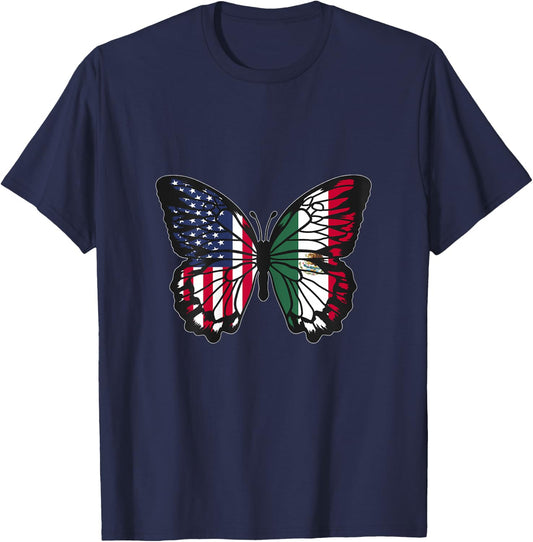 Mexican Roots USA and Mexico Mix Butterfly Mexican Heritage T-Shirt - T-Shirt | Navy