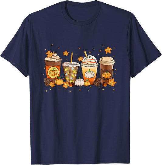 Coffee Latte Pumpkin Spice Fall Season Thanksgiving Vibes T-Shirt - T-Shirt | Navy
