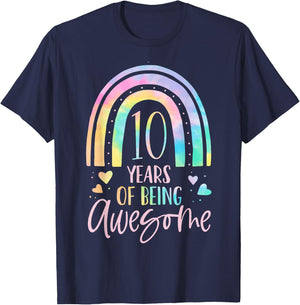 10 Years Of Being Awesome Rainbow Tie Dye 10th Birthday Girl T-Shirt - T-Shirt | Navy