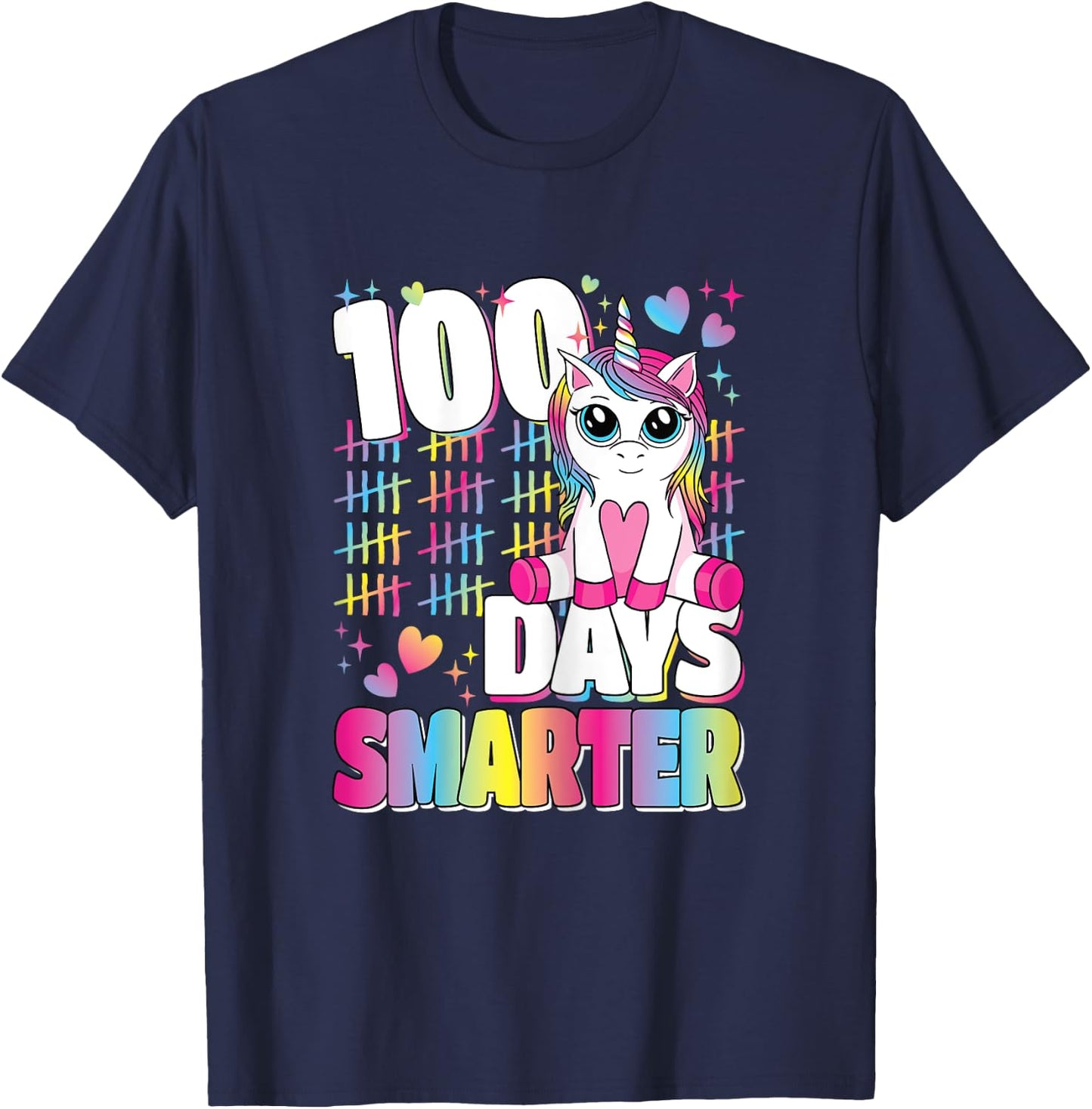 100 Days Smarter Unicorn Rainbow 100th Day Of School Girls T-Shirt - T-Shirt | Navy