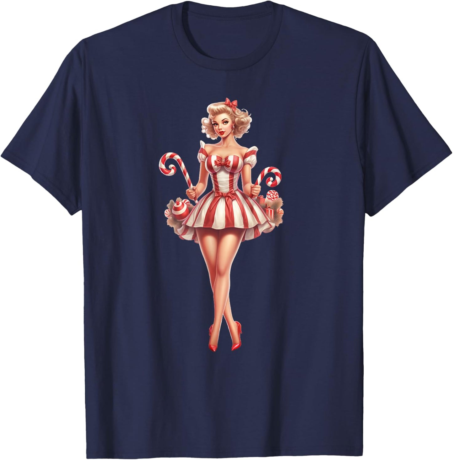 Christmas Pinup Girl With Christmas Candy T-Shirt - T-Shirt | Navy